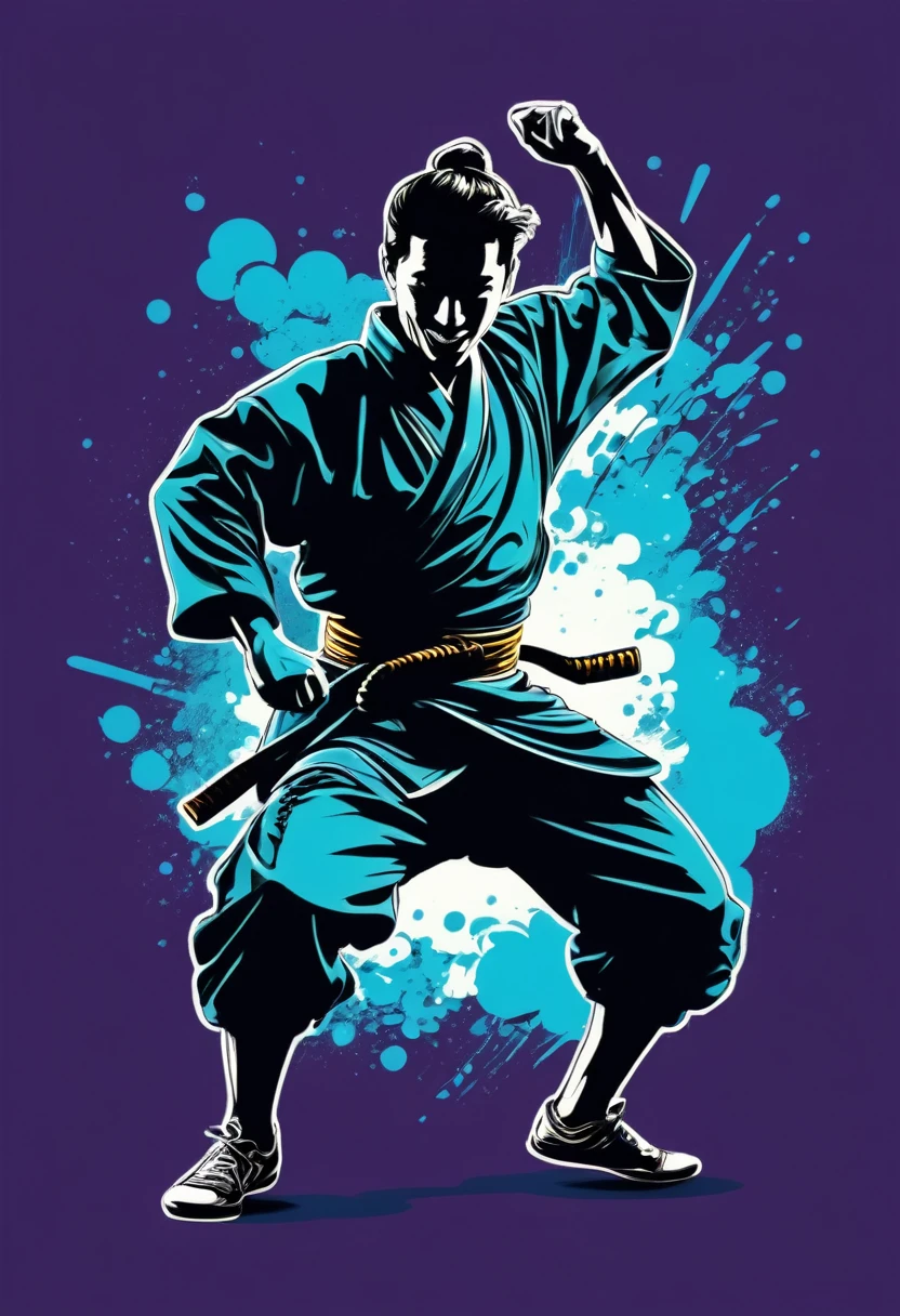 popart style,Two-tone illustration,Dance,Artistic jump,break dance,Strenuous movements,vibrancy,solo,Dancing Samurai boy Silhouette,(ronin clothes),dynamic pose,enjoy dancing,bad smile,