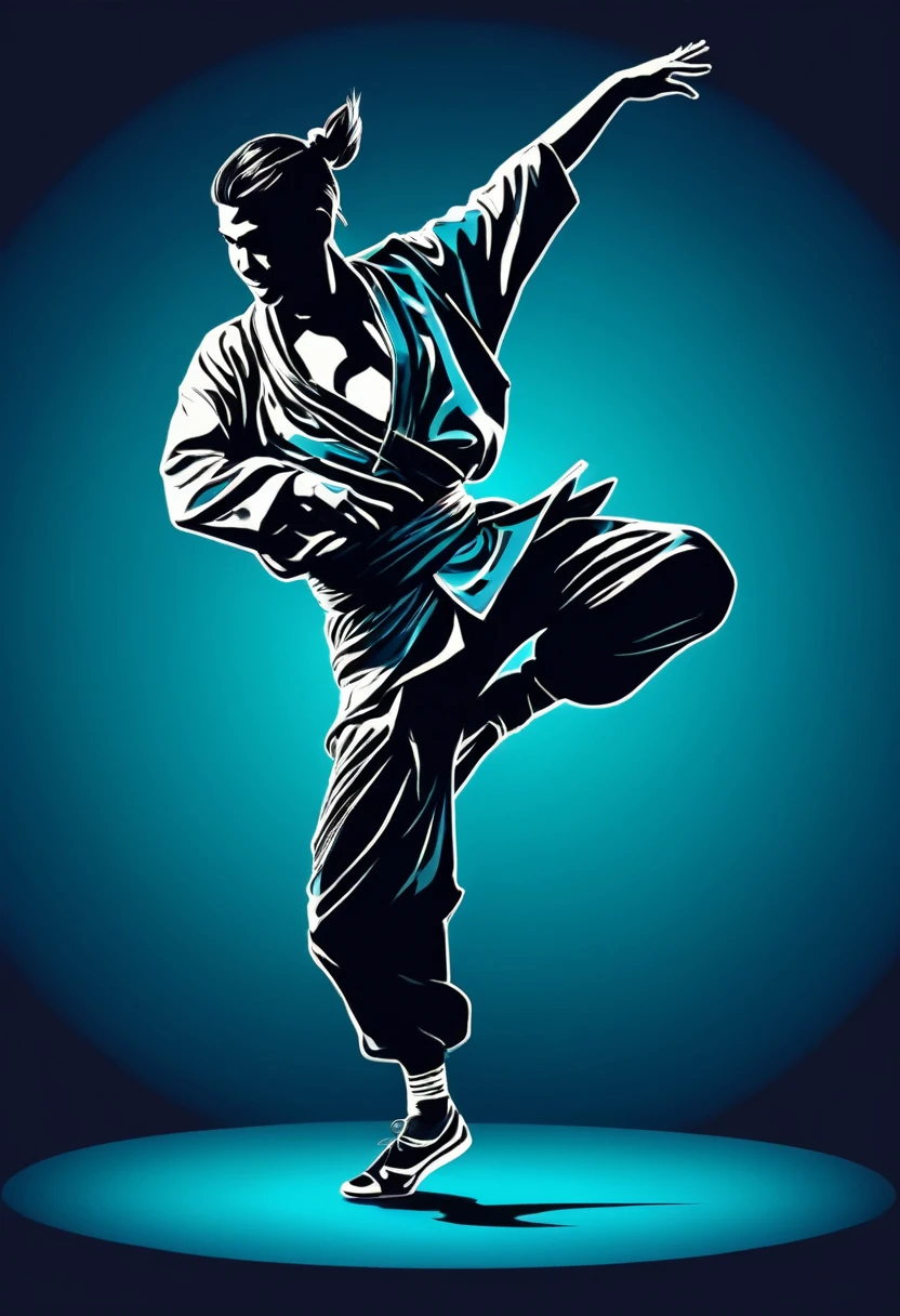 popart style,Two-tone illustration,Dance,Artistic jump,break dance,Strenuous movements,vibrancy,solo,Dancing Samurai boy Silhouette,(ronin clothes),dynamic pose,enjoy dancing,bad smile,