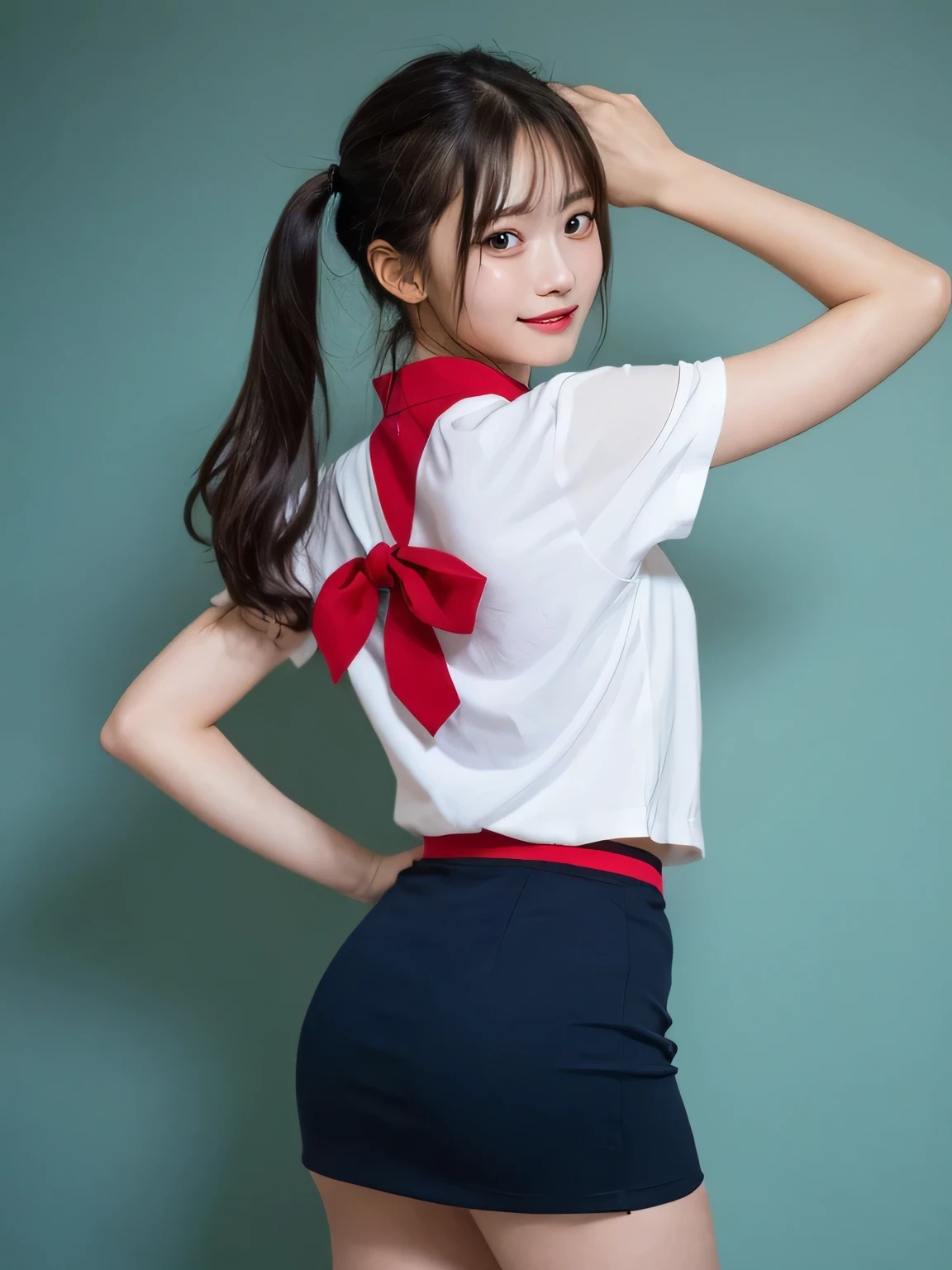 In detail,Full body photo、 One high school girl、High resolution, high quality、Slim body、Perfect dynamic composition, Beautiful fine details, Twin tails、Natural color lip,Kamimei、14-year-old girl、Clear Skin、Short-sleeved red sailor suit、Green mini skirt、Thighs、Shiny Hair、最high quality, figure, Very detailed, In detail, High resolution, 8k、The correct state of the human body、Sculpture model pose，Dark blue walls,Looking at the viewer with his back turned、Sticking out her butt、Thighs are visible、smile、