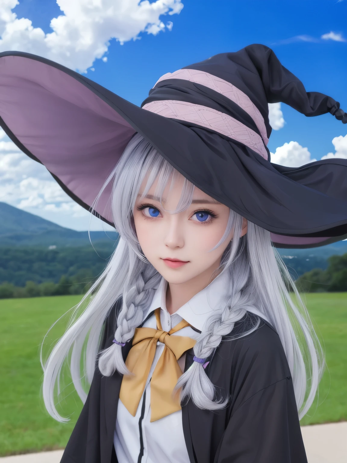 best quality, masterpiece, highres, realistic, cosplayer, solo, {elaina_majonotabitabi:1.15}, long_hair, bangs, hair_between_eyes, blue_eyes, closed_mouth, grey_hair, bow, white_hair, hat, witch_hat, braided_hair, black_robe,  black_headwear, purple_eyes, 1girl, blue_sky, cloud, collared_shirt, portrait, sky, day, shirt, white_shirt, blush, anime_coloring, standing, outdoor 