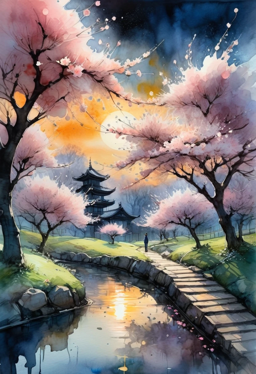 Watercolor Landscape, A beautiful cherry blossom garden underneath luminous sunset!! Beautiful sparkling flowers, starry sky, Andreas Lie, Quentin Blake, Alex Maleev, Pascal Campion, in Gouache Style, Watercolour, Impasto Gouache, thick layers of gouache watercolors textured on Canvas, Matte Painting, dramatic, dark, traditional media,watercolor \(medium\),pencil \(medium\),paper \(medium\),painting \(medium\)