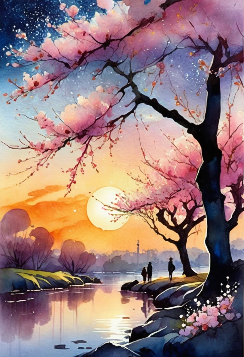 Watercolor Landscape, A beautiful cherry blossom garden underneath luminous sunset!! Beautiful sparkling flowers, starry sky, Andreas Lie, Quentin Blake, Alex Maleev, Pascal Campion, in Gouache Style, Watercolour, Impasto Gouache, thick layers of gouache watercolors textured on Canvas, Matte Painting, dramatic, dark, traditional media,watercolor \(medium\),pencil \(medium\),paper \(medium\),painting \(medium\)