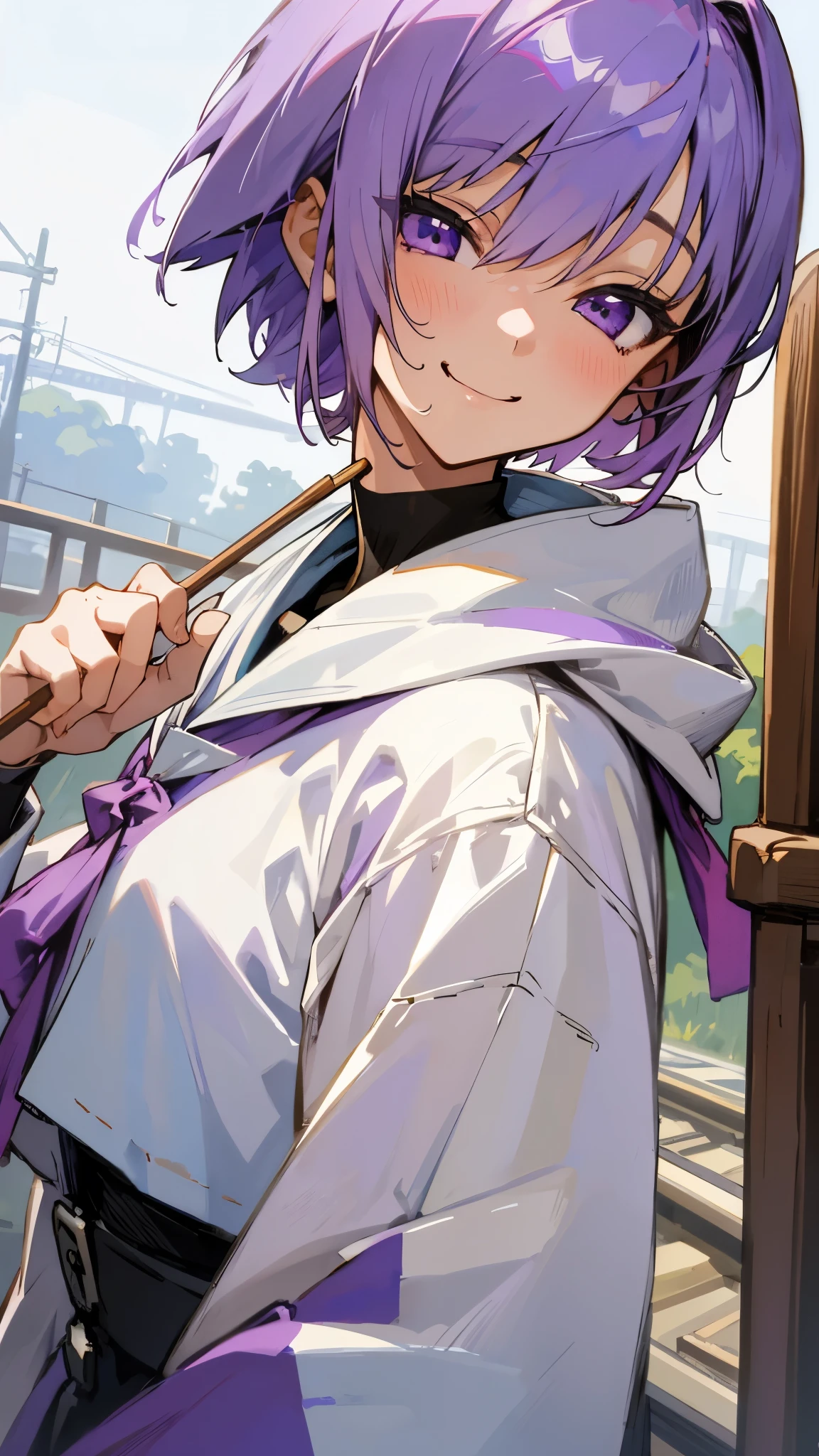 1 Girl、Anime-style paintings、Purple short bob cut、Straight Hair、Purple Eyes、smile、Upper body close-up、Wearing a white hoodie、Eat skewers、Railway station background