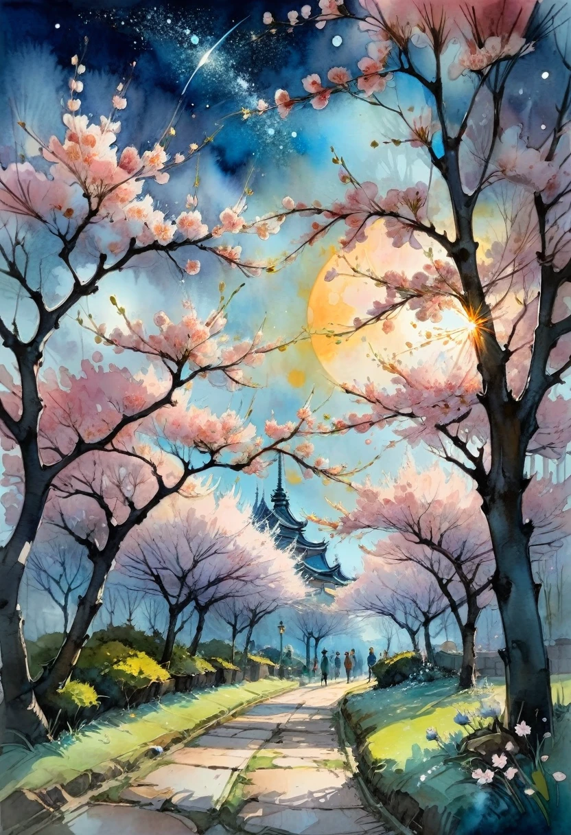 Watercolor Landscape, A beautiful cherry blossom garden underneath luminous sunset!! Beautiful sparkling flowers, starry sky, Andreas Lie, Quentin Blake, Alex Maleev, Pascal Campion, in Gouache Style, Watercolour, Impasto Gouache, thick layers of gouache watercolors textured on Canvas, Matte Painting, dramatic, dark, traditional media,watercolor \(medium\),pencil \(medium\),paper \(medium\),painting \(medium\)