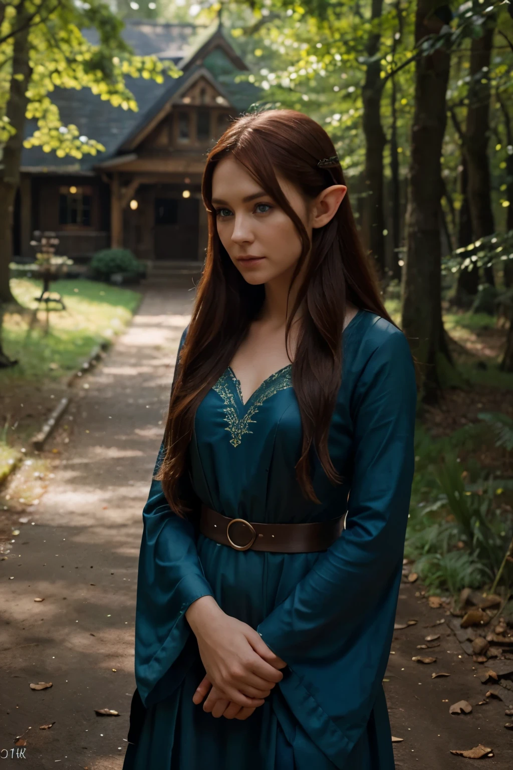 a beautiful detailed elf girl, Karen Sheila Gillan, flawless skin, piercing blue eyes, delicate facial features, pointed ears, long red hair, elegant elf costume, intricate elven pattern on dress, standing in a magical forest, sunlight filtering through the trees, (best quality,4k,8k,highres,masterpiece:1.2),ultra-detailed,(realistic,photorealistic,photo-realistic:1.37),cinematic lighting,vibrant colors,fantasy art