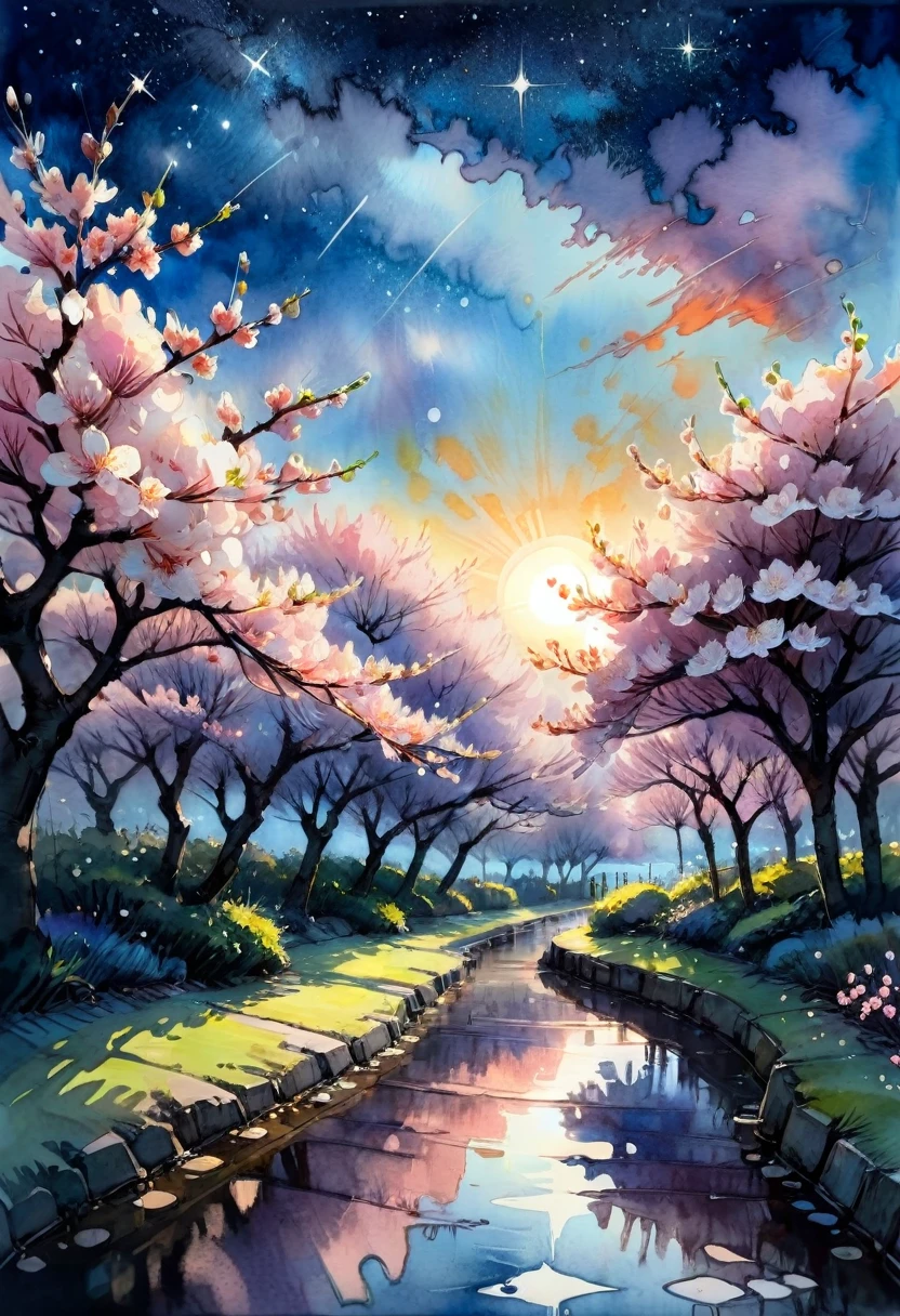 Watercolor Landscape, A beautiful cherry blossom garden underneath luminous sunset!! Beautiful sparkling flowers, starry sky, Andreas Lie, Quentin Blake, Alex Maleev, Pascal Campion, in Gouache Style, Watercolour, Impasto Gouache, thick layers of gouache watercolors textured on Canvas, Matte Painting, dramatic, dark, traditional media,watercolor \(medium\),pencil \(medium\),paper \(medium\),painting \(medium\)