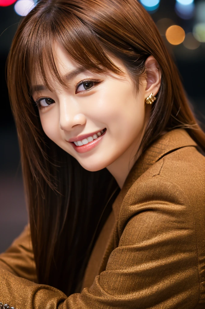 Tabletop、highest quality、Genuine、Very detailed、finely、High resolution、8k wallpaper、One beautiful woman、、、light brown disheveled hair、Wearing a business suit、Sharp focus、Perfect dynamic composition、Beautiful and detailed、Thin Hair、Detailed Genuine skin texture、smile、Close-up portrait、Model Body Type、Tokyo at Night、