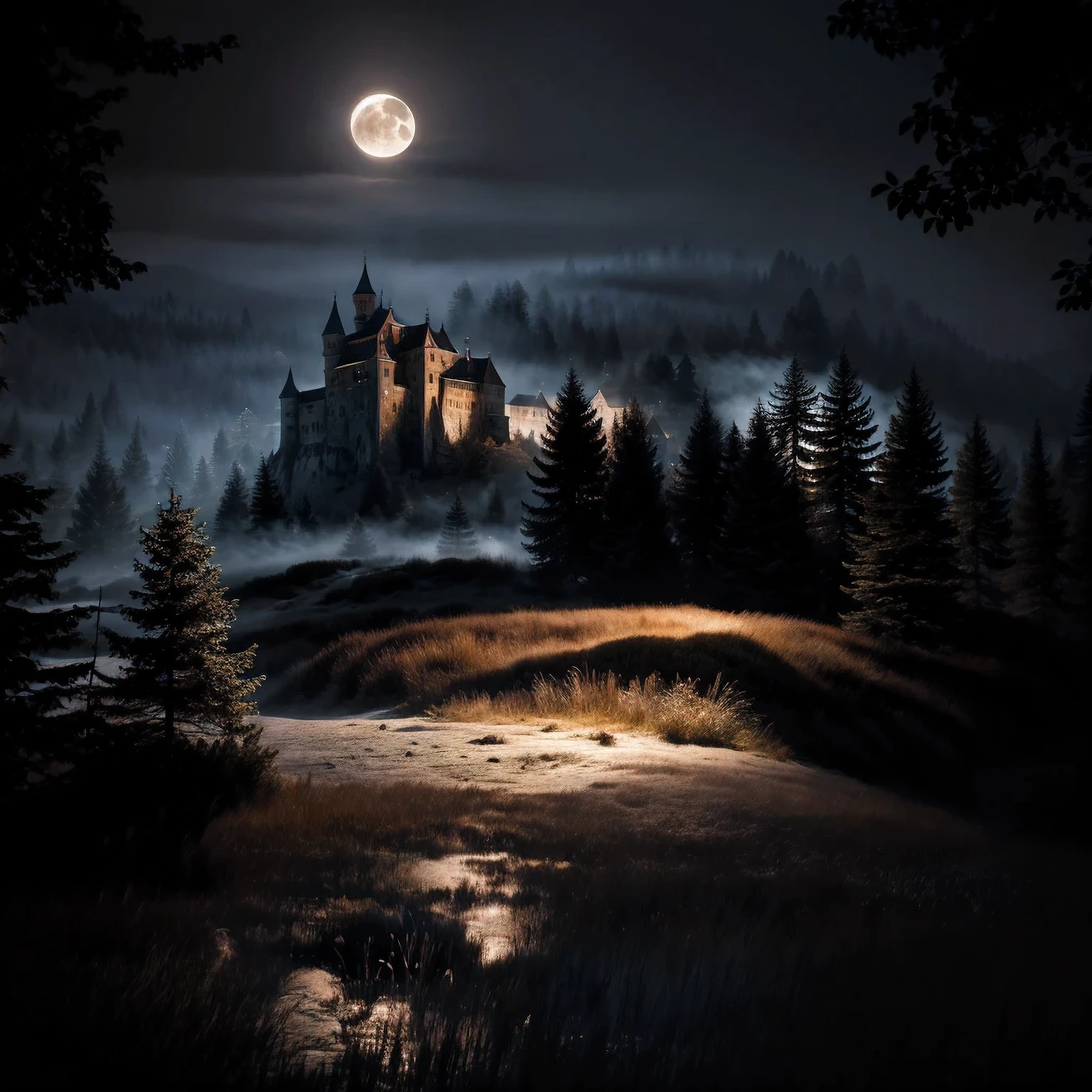 Castle, located on the mountain, surrounded by trees, Foggy, dark night, moon and clear sky, (masterpiece),((ultra detailed)), (highly detailed computer illustration),(inexpressive), (Best quality:1.2), High quality texture, complex parts, Detailed texture, High quality shadows,
