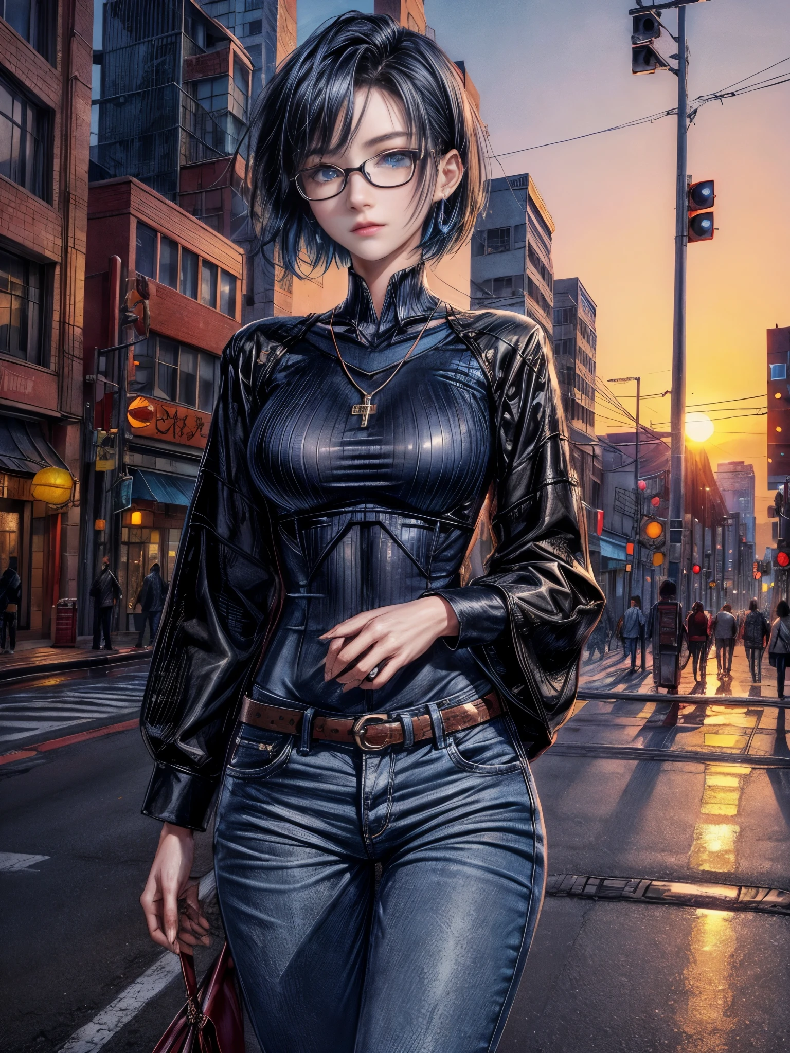 Cinema Lighting、highest quality,Cyberpunk World、1 female、(Beautiful 25 year old woman、Beautiful facial details 、Short Hair、part、Blue Eyes:1.4)break,(Glasses)(vivid Shiny Black Hair Color:1.6)
break
(A summer style relaxed oversize shirt👔 in grey),Tight skinny pants (necklace)、break.(Black Hair)BREAK
(evening、Sunset🌇、Downtown intersection、On the sidewalk、After work:1.2)(sunset、evening:1.5)(Portrait Angle)