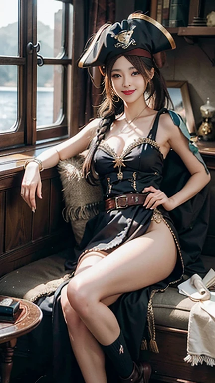 masterpiece, highest quality, Realistic, Very detailed, Finer details, High resolution, 8k wallpaper, One beautiful woman, female pirate cosplay costume,The pirate ship Black Pearl during the day, pirate hat,He has a sword at his waist,Light brown ponytail hair, Perfect dynamic composition,(Throw a kiss), Beautiful and beautiful eyes,,Smile and laugh,Full Body Shot:1.3,Ample breasts,Smile and laugh,Smiling and showing white teeth,