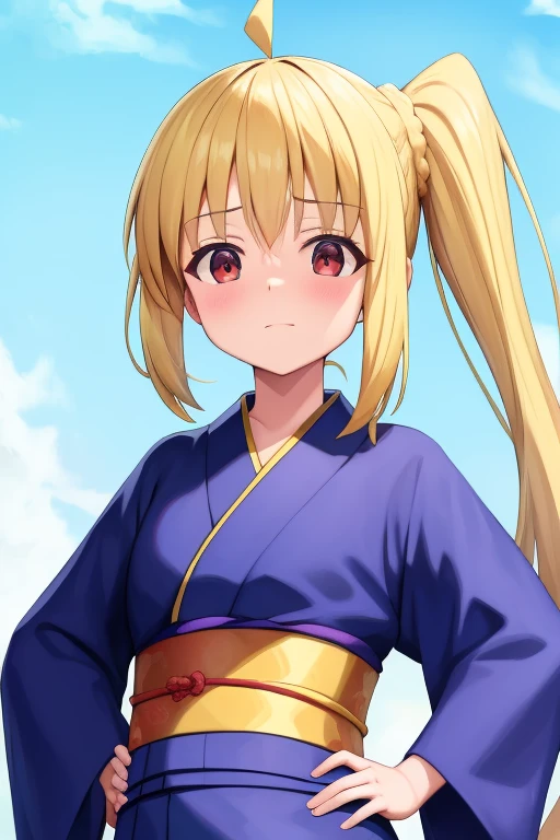 (masterpiece, highest quality:1.2), Blonde girl with red eyes,
Side Ponytail, Full Bang,yukata, hands on hips
,Embarrassed, School,
Super detaileded, highest quality, Expressive eyes, Perfect Face, super high quality, Super detailed