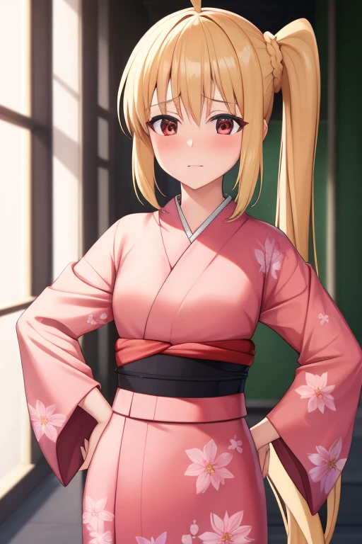 (masterpiece, highest quality:1.2), Blonde girl with red eyes,
 Side Ponytail, Full Bang,yukata,		hands on hips
,Embarrassed, School, 
Super detaileded, highest quality, Expressive eyes, Perfect Face, super high quality, Super detailed