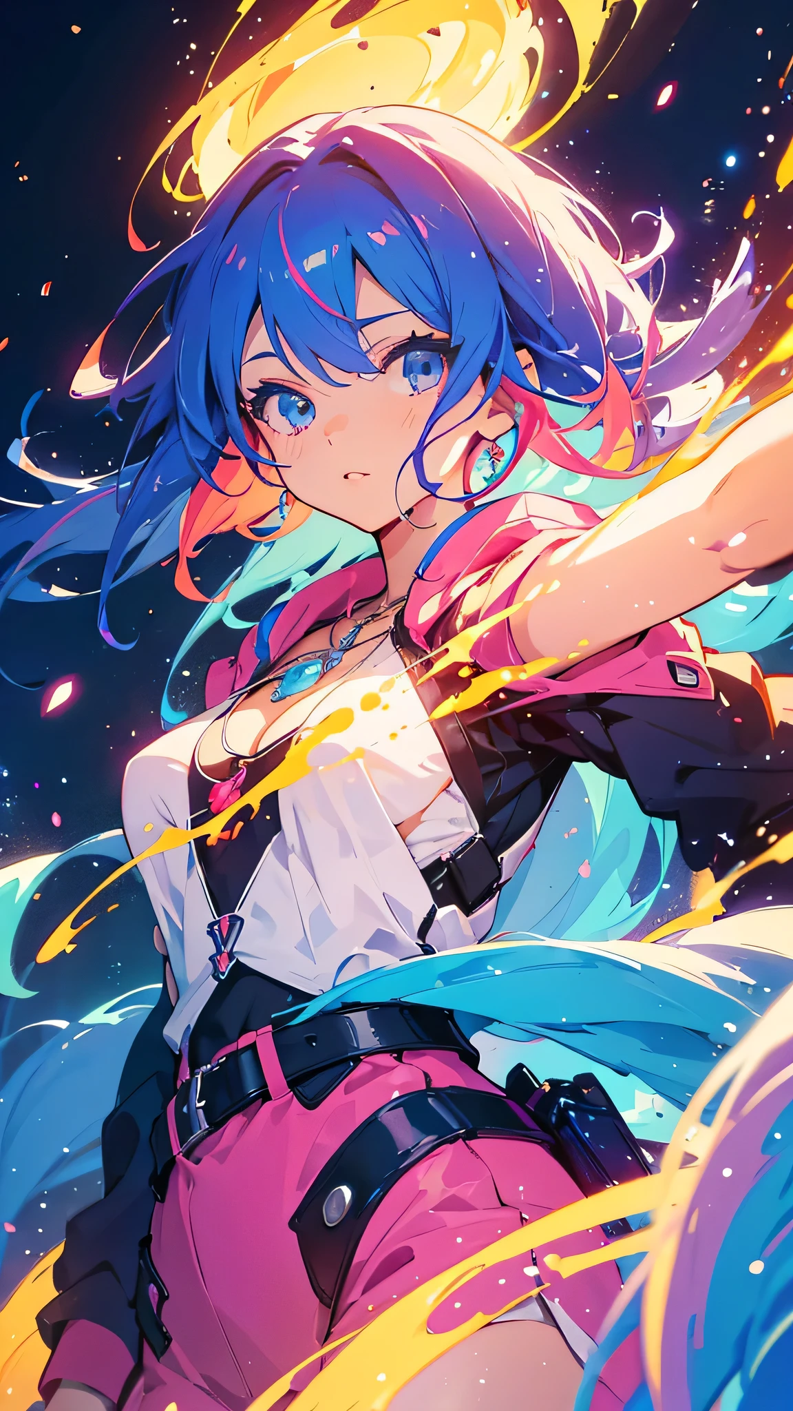 Close-up of a woman with colorful hair and necklace, Anime girl with space-like hair, Ross paints a soft, lively picture, Gvez-style artwork, Fantasy art style, colorful], Vivid fantasy style, Ross draws vibrant cartoons, cosmic and colorful, Gweitz, colorful digital fantasy art, Great art style, Beautiful anime style, Shiny Hair