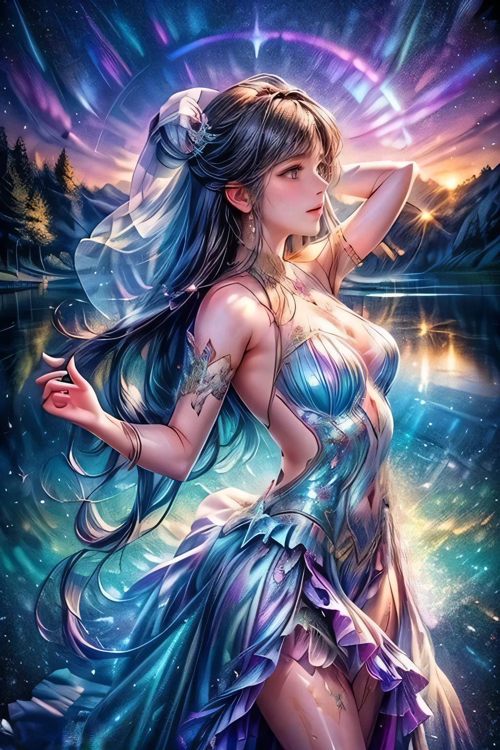 raw photo:1.2, masterpiece, highest quality, 16k, unbelievably absurd, very detailed, perfect beauty, (double exposure vibrant colors silhouette:1.3), (layered vibrant colors silhouette:1.2), (water world photo scenery), diamond dust, starry sky with aurora, flowing sheer dress, flowy long hair, (lake:1.2), (realistic photo scenery), (starlight), (ballerina girl dancing,romantic tutu),