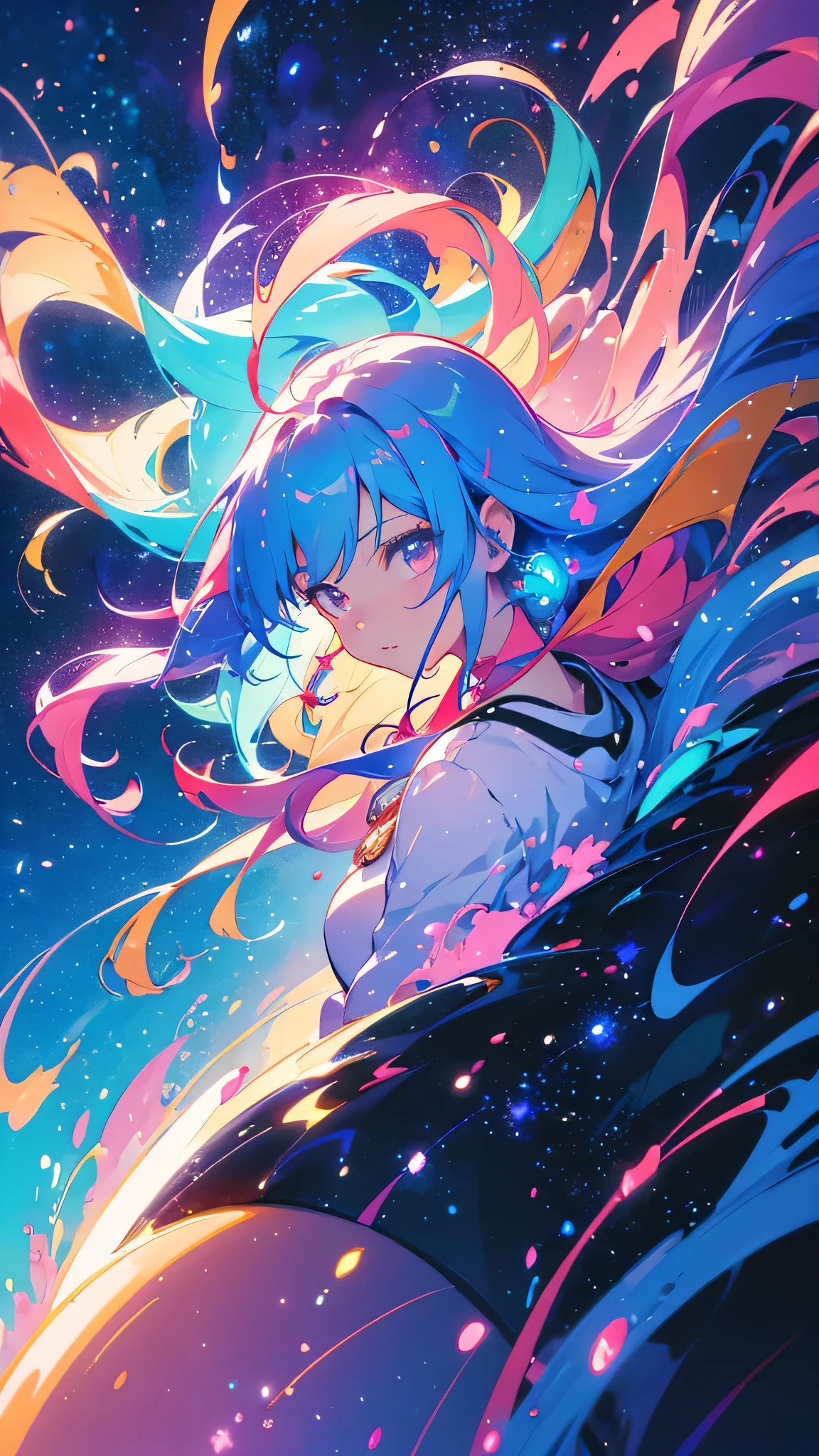 Close-up of a woman with colorful hair and necklace, Anime girl with space-like hair, Ross paints a soft, lively picture, Gvez-style artwork, Fantasy art style, colorful], Vivid fantasy style, Ross draws vibrant cartoons, cosmic and colorful, Gweitz, colorful digital fantasy art, Great art style, Beautiful anime style, Shiny Hair