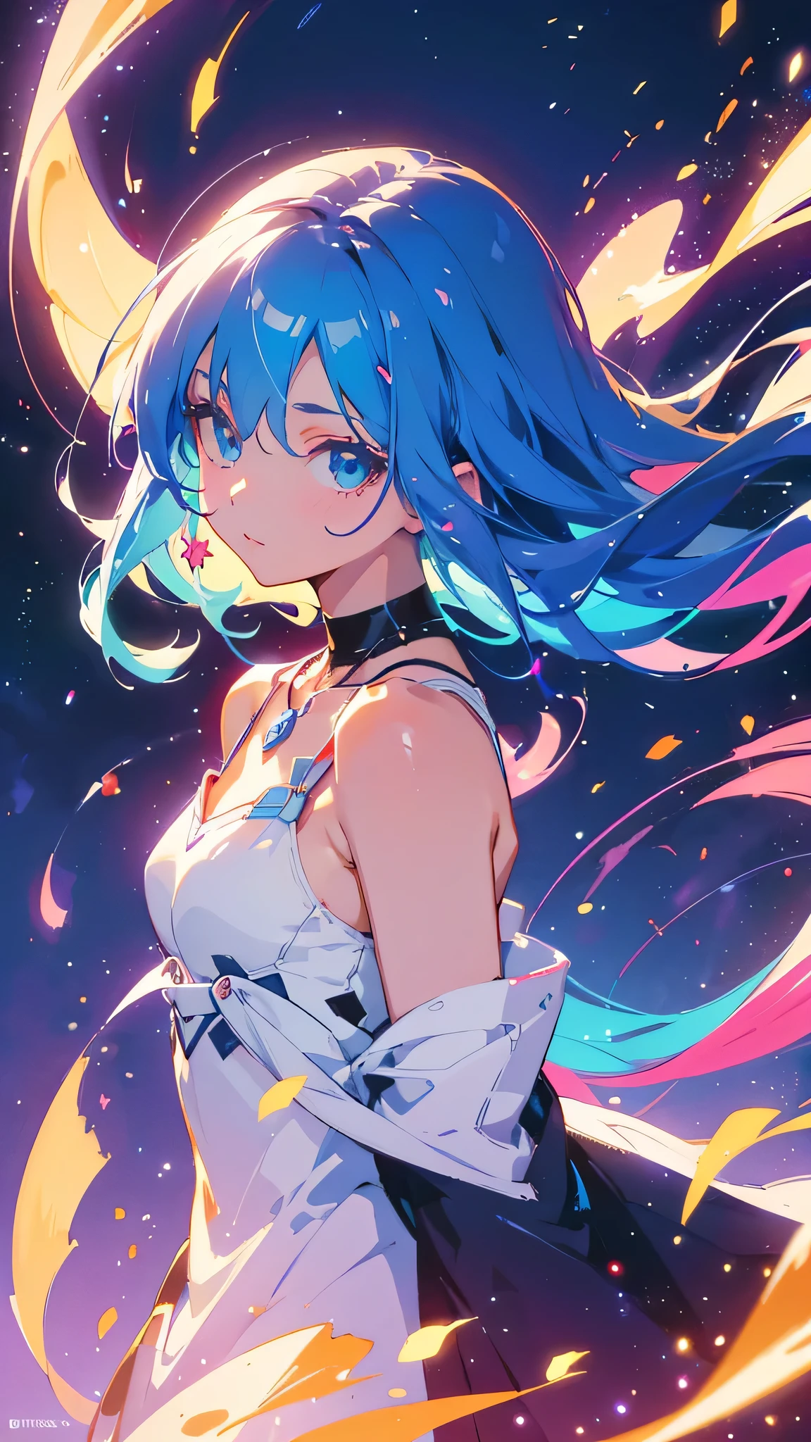 Close-up of a woman with colorful hair and necklace, Anime girl with space-like hair, Ross paints a soft, lively picture, Gvez-style artwork, Fantasy art style, colorful], Vivid fantasy style, Ross draws vibrant cartoons, cosmic and colorful, Gweitz, colorful digital fantasy art, Great art style, Beautiful anime style, Shiny Hair