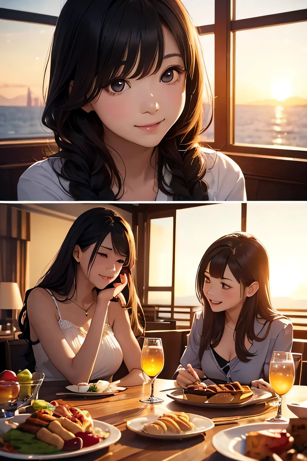 highest quality、High resolution、Detailed Background、(Beautiful face in every detail:1.4)、Anatomically correct、(Detailed facial expressions)、(Detailed eyes:1.2)、Beautiful girl in her 20s、(Highly detailed face:1.4)、cute hair color、Bobcut、Braided long hair、Wavy Hairstyle、well-groomed eyebrows、cute eye makeup、Cute Lip Makeup、cute gesture、Elegant on board、Calm atmosphere、(Fit on one screen)、

(Three beautiful girls with big smiles taking photos on Elegant on board:1.5)、

A group of friendly women gather together to take a photo in front of an elegant boat、
They are photographed smiling, with their arms around each other and leaning against each other.、
She looks cute in gorgeous dresses and relaxed casual styles.、

Women chatting over cocktails in the ship&#39;s bar lounge、
They were having a lively conversation and occasionally flashing happy smiles.、
The table is decorated with stylish desserts, fruits, and gorgeous accessories.、

Gather on the deck and chat while watching the sunset.、
Enjoy lively conversation with smiles on your face against the backdrop of a dramatic sunset、
A heartwarming scene of friends deepening their friendship through alcohol、cute