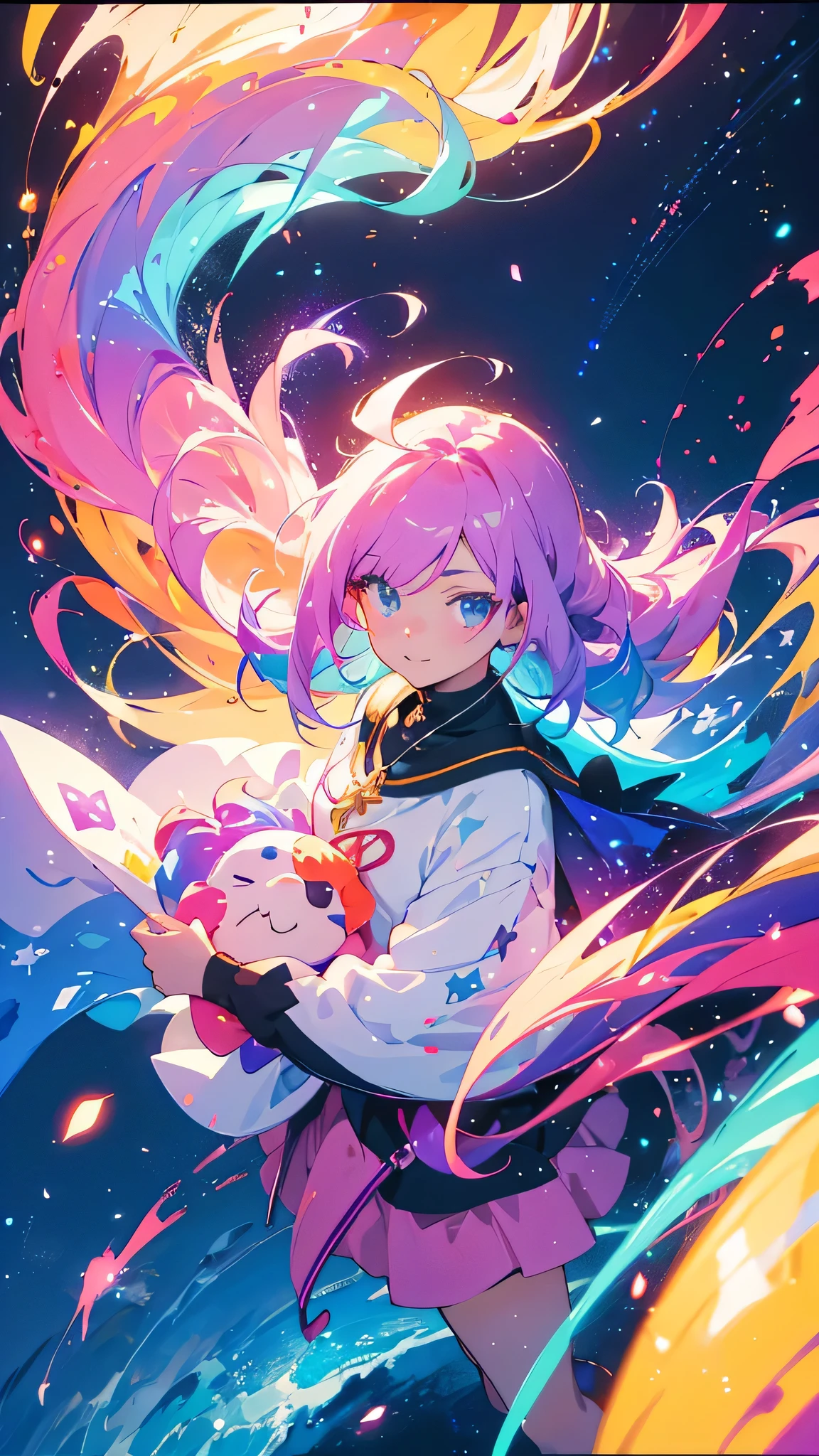 Close-up of a woman with colorful hair and necklace, Anime girl with space-like hair, Ross paints a soft, lively picture, Gvez-style artwork, Fantasy art style, colorful], Vivid fantasy style, Ross draws vibrant cartoons, cosmic and colorful, Gweitz, colorful digital fantasy art, Great art style, Beautiful anime style, Shiny Hair