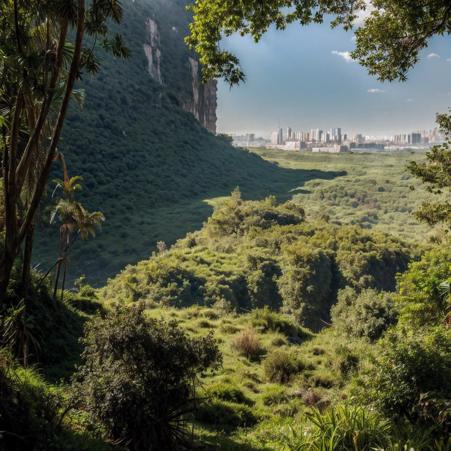we look down from the mountain into a ravine covered with the Mesopotamian jungle,where the ruins of a modern city stand between the jungle, low-rise buildings are dilapidated and overgrown with vegetation ,glass broken, part of the facades crumbled, rusty car frames overgrown with grass are visible,desolation, abandoned city swallowed up by the jungle, 8k realism, post apocalypse, Photorealism