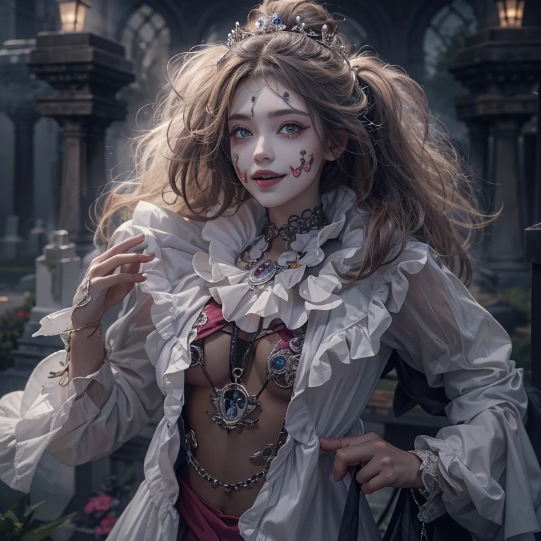 Standing in the grave、Hair flow、 ((highest quality、masterpiece、8k、Best image quality、Ultra-high resolution、Award-winning works)、(Accurate anatomy:1.1)、(Look at me and smile:1.1)、Shining fair skin with Ultra-high resolution、The most detailed face、Ultra-high resolution detailed face、Ultra-high resolutionの髪の毛、(Ultra-high resolution eye:1.1)、Beautiful face drawn in every detail、Cheerful clown costume, Chest to chest, Strange atmosphere, Ghosts flow, Dark Light, At the Cemetery, Heavy makeup