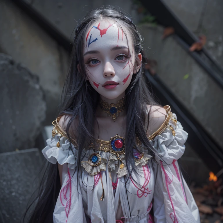 Standing in the grave、Hair flow、 ((highest quality、masterpiece、8k、Best image quality、Ultra-high resolution、Award-winning works)、(Accurate anatomy:1.1)、(Look at me and smile:1.1)、Shining fair skin with Ultra-high resolution、The most detailed face、Ultra-high resolution detailed face、Ultra-high resolutionの髪の毛、(Ultra-high resolution eye:1.1)、Beautiful face drawn in every detail、Cheerful clown costume, Chest to chest, Strange atmosphere, Ghosts flow, Dark Light, At the Cemetery, Heavy makeup