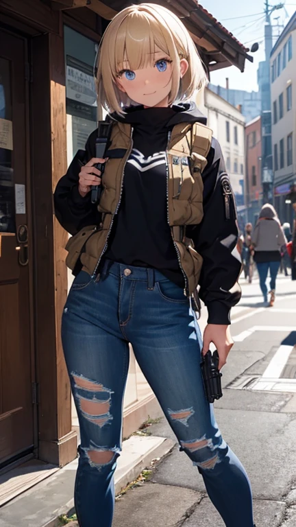 20-year-old woman, Bob cut hair, Blonde, Blue Eyes, Fur jacket, Wear the hood deeply, Natural skin texture, Cold regions, High Contrast, Mountain dogs, nice smile, uniform, M16A3, Holding a gun in your hand,Equipped with multiple magazine pouches, Bulletproof vest, Overall image,Ripped jeans pants,
