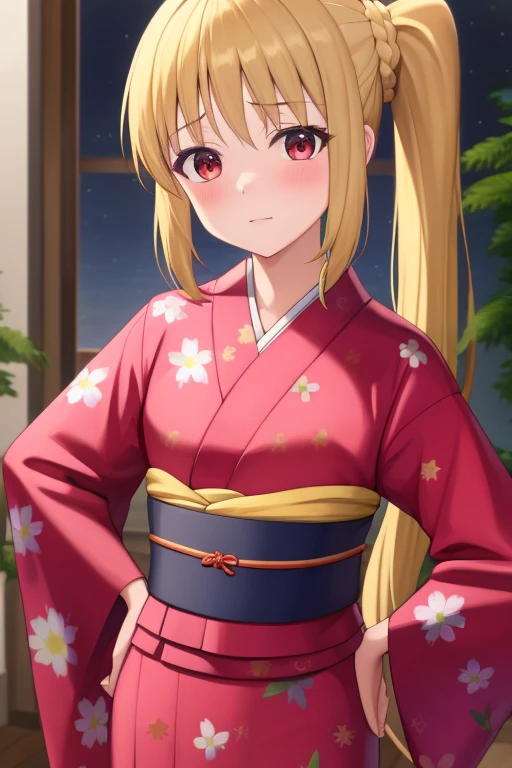 (masterpiece, highest quality:1.2), Blonde girl with red eyes,
Side Ponytail, Full Bang,yukata, hands on hips
,Embarrassed, at home,
Super detaileded, highest quality, Expressive eyes, Perfect Face, super high quality, Super detailed