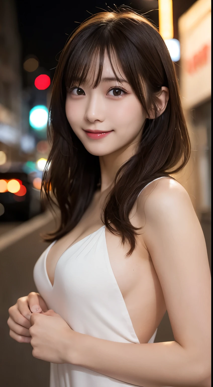 whole body, highest quality, shape, Very detailed, In detail, High resolution, 8k wallpaper, Perfect dynamic composition, Beautiful details, naked,Medium Hair,Small breasts, Natural Color, lips, 大胆なsexyなポーズ,smile,Harajuku、20-year-old girl、cute、カメラ目線のsexyなショット、全naked、naked、Full nudity、sexy、whole body、Neon city at night,