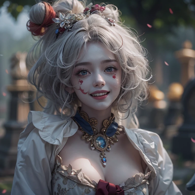 Standing in the grave、Hair flow、 ((highest quality、masterpiece、8k、Best image quality、Ultra-high resolution、Award-winning works)、(Accurate anatomy:1.1)、(Look at me and smile:1.1)、Shining fair skin with Ultra-high resolution、The most detailed face、Ultra-high resolution detailed face、Ultra-high resolutionの髪の毛、(Ultra-high resolution eye:1.1)、Beautiful face drawn in every detail、Cheerful clown costume, Chest to chest, Strange atmosphere, Ghosts flow, Dark Light, At the Cemetery, dark makeup