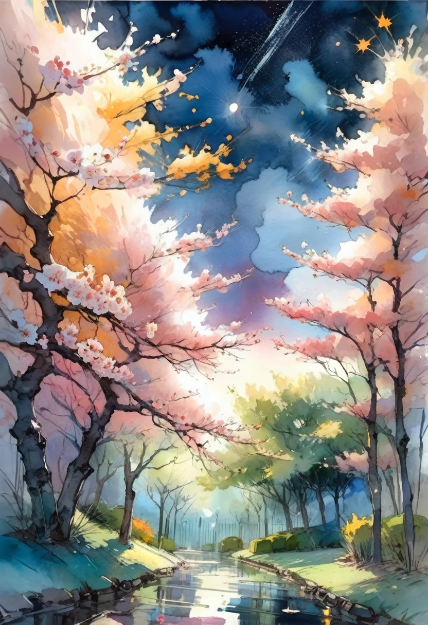 Watercolor Landscape, A beautiful cherry blossom garden underneath luminous sunset!! Beautiful sparkling flowers, starry sky, Andreas Lie, Quentin Blake, Alex Maleev, Pascal Campion, in Gouache Style, Watercolour, Impasto Gouache, thick layers of gouache watercolors textured on Canvas, Matte Painting, dramatic, dark, traditional media,watercolor \(medium\),pencil \(medium\),paper \(medium\),painting \(medium\)