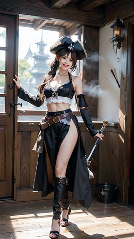 (masterpiece:1.2), (best quality:1.2), Cafe, coffeeカップ, coffee, dark wizard girl, small breasts, neckline,.hat, facing forward, Smile,
