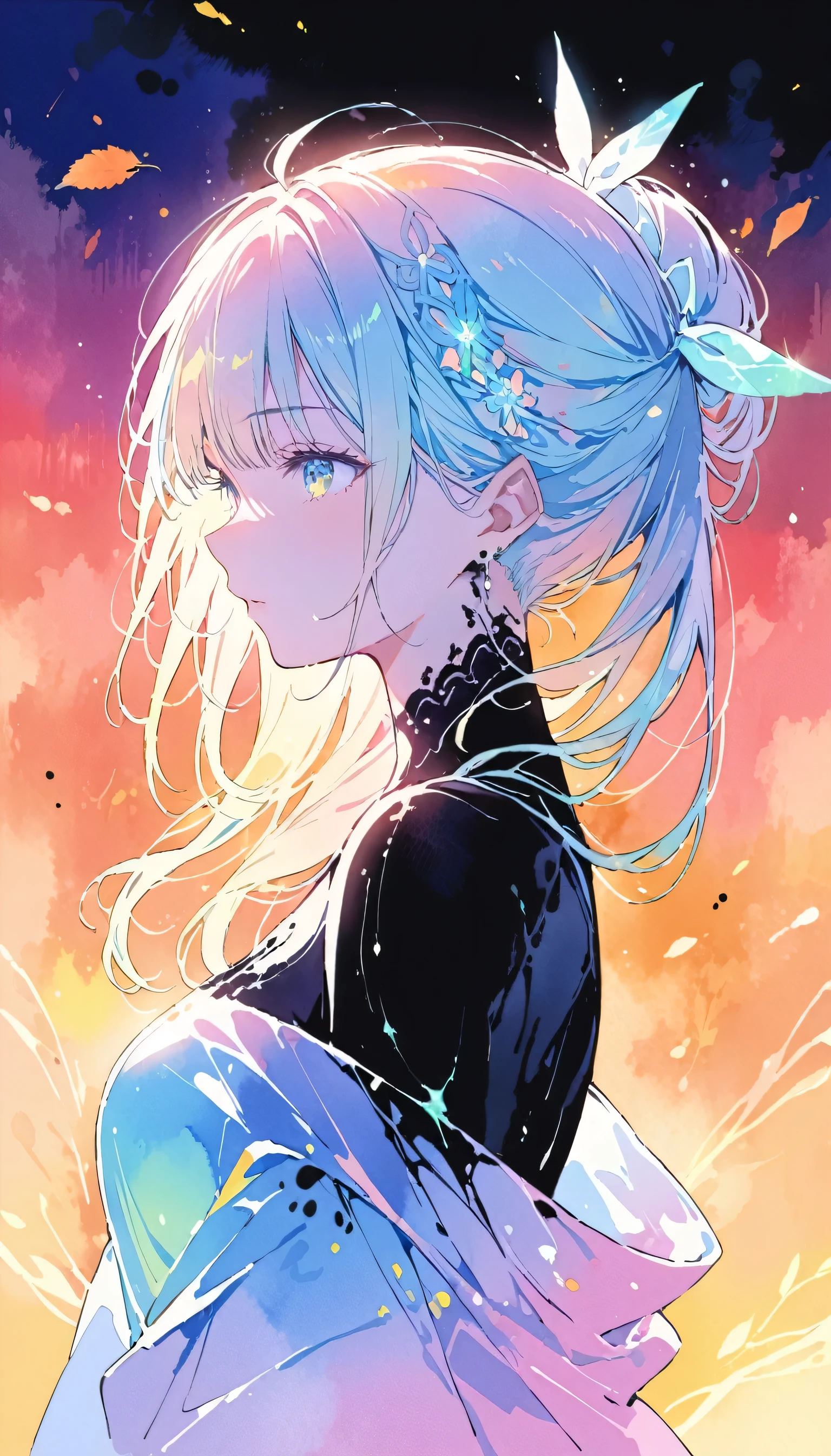 (8k, highest quality, masterpiece:1.2),(highest quality:1.0), (Ultra-high resolution:1.0), watercolor, Beautiful woman, shoulder, Hair Ribbon, Agnes Cecil, Half Body Portrait, Very bright and luminous design, pastel colour, (ink:1.3), Autumn Light,