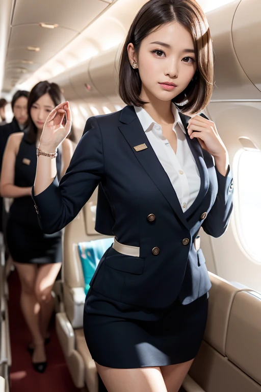 (masterpiece:1.3), High resolution, Super detailed, Highly detailed CG Unity 8k wallpaper, Realistic, photo-Realistic, RAW Photos, Beautifully detailed face, Pale skin, Realistic skin, Detailed cloth texture, Detailed hair texture, Perfect Proportions, Beautiful Face, Accurate, Anatomically correct, Highly detailed face and skin texture, Natural neck length, (Beautiful Hands), (Fair skin:1.2), Thin legs, Thin legs, Sexy thighs,
break,
Fine grain, Symmetrical eyes, Light brown eyes, double eyelid, Thin eyebrows, (Glossy lips:1.4), (Smile of the Goddess:1.2),
break,
(Classy and cute girl:1.3), (Wearing the elegant flight attendant uniform of Japan Airlines:1.2),
(Medium large breasts), (Slim figure:1.2), ((Cleavage))
(Dark brown hair, Wavy Hair), ((short hair, Asymmetrical bangs:1.2)), (Upper Body Shot:1.2), (View Viewer:1.2), From the side,
break,
(Standing in the wide aisle of first class), ((A graceful guiding pose with one arm gently extended to the side:1.2)), (Inside a private plane: 1.2),