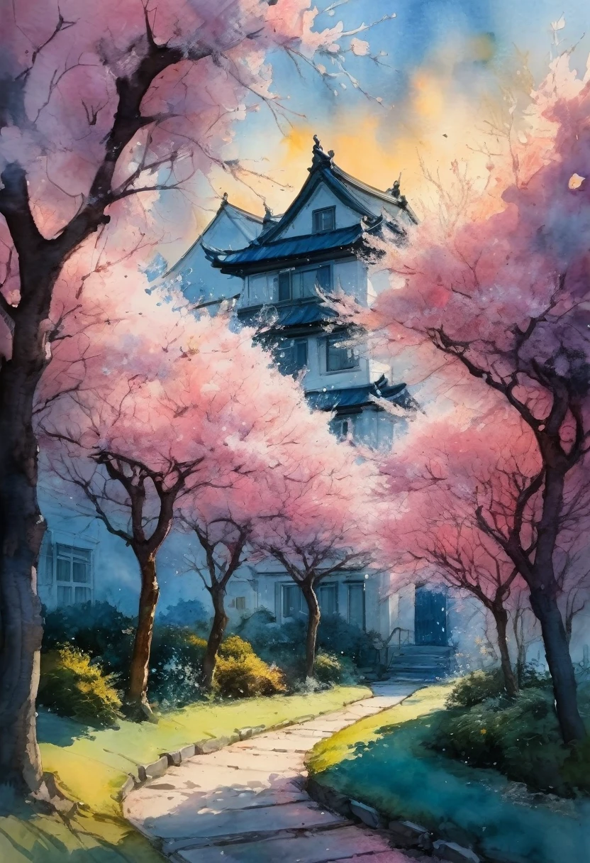 Watercolor Landscape, A beautiful cherry blossom garden underneath luminous sunset!! Beautiful sparkling flowers, starry sky, Andreas Lie, Quentin Blake, Alex Maleev, Pascal Campion, in Gouache Style, Watercolour, Impasto Gouache, thick layers of gouache watercolors textured on Canvas, Matte Painting, dramatic, dark, traditional media,watercolor \(medium\),pencil \(medium\),paper \(medium\),painting \(medium\)