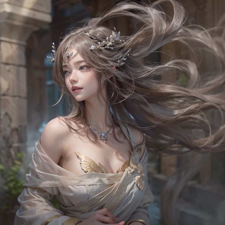 Hiding in the tomb、Hair flow、 ((highest quality、masterpiece、8k、Best image quality、Ultra-high resolution、Award-winning works)、(Accurate anatomy:1.1)、(Look at me and smile:1.1)、Shining fair skin with Ultra-high resolution、The most detailed face、Ultra-high resolution detailed face、Ultra-high resolutionの髪の毛、(Ultra-high resolutionの煌めく瞳:1.1)、Beautiful face drawn in every detail、Ancient Greek Clothing, Chest to chest, tattoo, Old ruins in the background、Ghosts around her