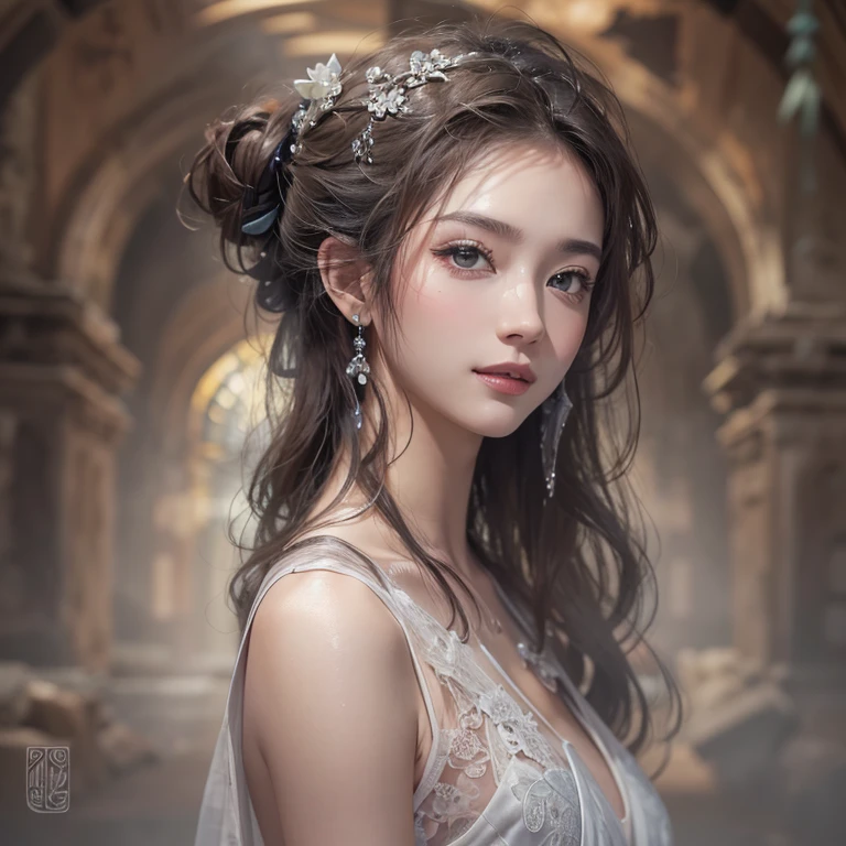 Hiding in the tomb、Hair flow、 ((highest quality、masterpiece、8k、Best image quality、Ultra-high resolution、Award-winning works)、(Accurate anatomy:1.1)、(Look at me and smile:1.1)、Shining fair skin with Ultra-high resolution、The most detailed face、Ultra-high resolution detailed face、Ultra-high resolutionの髪の毛、(Ultra-high resolutionの煌めく瞳:1.1)、Beautiful face drawn in every detail、Ancient Greek Clothing, Chest to chest, tattoo, Old ruins in the background、Ghosts around her