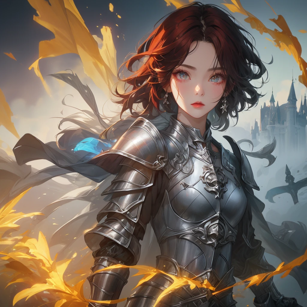 (((highest quality))), ((Super detailed)), (Very detailed photos), ((very delicate and beautiful)),(cute delicate face), ((masterpiece)), perfect anatomy, Complex, (very detailed), masterpiece, realistic, (A tall, cool, boyish -yeld gi,(amber and black armor:1.3), ((castle town)) ,(full body),(glowing sword in hand),alone,red hair,(pixie cut hair),(dynamic pose), looking at the viewer, double eyelid,delicate skin,slender body shape,small breasts