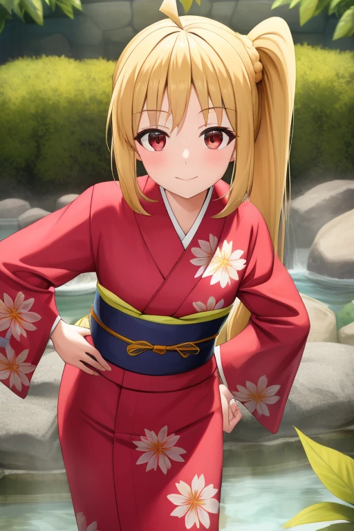 (masterpiece, highest quality:1.2), Blonde girl with red eyes,
Side Ponytail, Full Bang,yukata, hands on hips
,smile, hot spring,
Super detaileded, highest quality, Expressive eyes, Perfect Face, super high quality, Super detailed