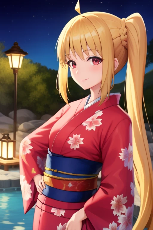 (masterpiece, highest quality:1.2), Blonde girl with red eyes,
Side Ponytail, Full Bang,yukata, hands on hips
,smile, hot spring,
Super detaileded, highest quality, Expressive eyes, Perfect Face, super high quality, Super detailed