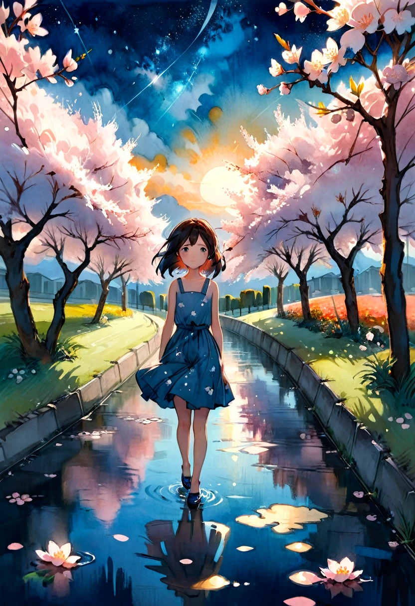 Watercolor Landscape, A beautiful cherry blossom garden underneath luminous sunset!! Beautiful sparkling flowers, starry sky, Andreas Lie, Quentin Blake, Alex Maleev, Pascal Campion, in Gouache Style, Watercolour, Impasto Gouache, thick layers of gouache watercolors textured on Canvas, Matte Painting, dramatic, dark, traditional media,watercolor \(medium\),pencil \(medium\),paper \(medium\),painting \(medium\)