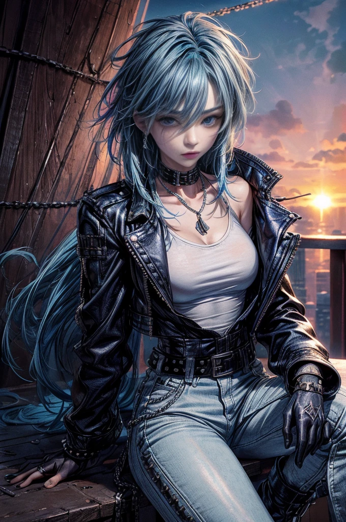 cinematic lighting、highest quality,cyberpunk world、1 female、(20 year old beautiful woman、Detailed beautiful facial featuresEdium hair blue hair、shoulder length hair、messy hair、blue eyes:1.4)break,medium hair、(Bright blue hair:1.5)
BREAK
((dark leather rebellion) theme),(punkRock T-shirt:1.3) (full leather outfit with a fitted white color leather jacket, leather pants, and chunky boots:1.1), (accessorized with silver chain jewelry and a studded leather belt:1.3)、BREAK.(blue hair)
(Evening after the rain、You can see the sunset、A place where you can see futuristic buildings in the distance、A wet place right after the rain:1.2)BREAK(portrait angle)