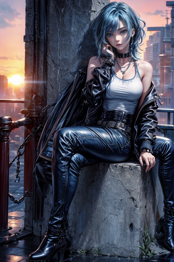 cinematic lighting、highest quality,cyberpunk world、1 female、(20 year old beautiful woman、Detailed beautiful facial featuresEdium hair blue hair、shoulder length hair、messy hair、blue eyes:1.4)break,medium hair、(Bright blue hair:1.5)
BREAK
((dark leather rebellion) theme),(punkRock T-shirt:1.3) (full leather outfit with a fitted white color leather jacket, leather pants, and chunky boots:1.1), (accessorized with silver chain jewelry and a studded leather belt:1.3)、BREAK.(blue hair)
(Evening after the rain、You can see the sunset、A place where you can see futuristic buildings in the distance、A wet place right after the rain:1.2)BREAK(portrait angle)