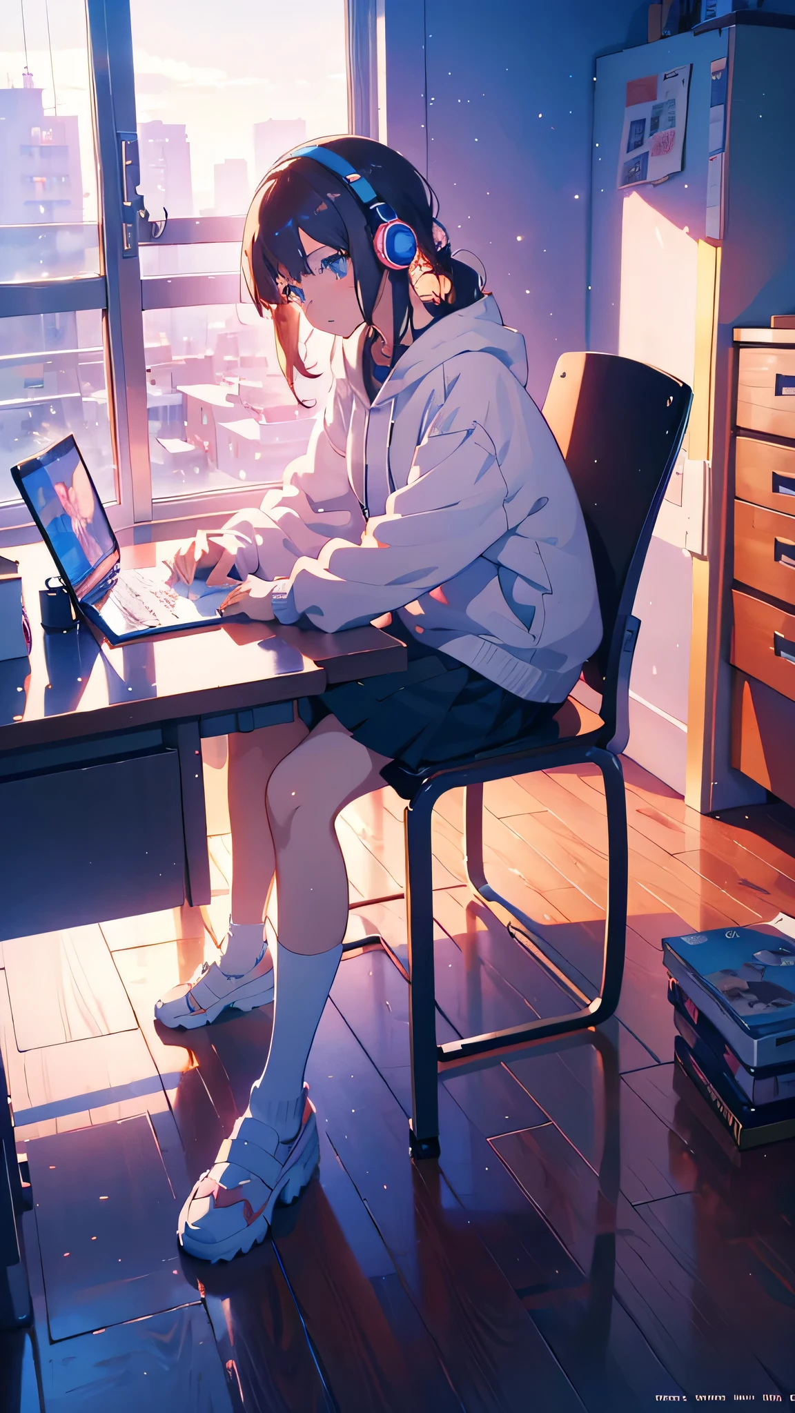 Anime girl sitting at a desk with headphones on and writing, Anime Style 4 k, Digital anime illustration, Digital anime art, Anime Style. 8k, Anime Moe Art Style, anime art wallpaper 4k, anime art wallpaper 4k, Anime Style illustration, Smooth anime CG art, detailed Digital anime art, Anime Art Wallpapers 8K, Realistic Anime 3D Style
