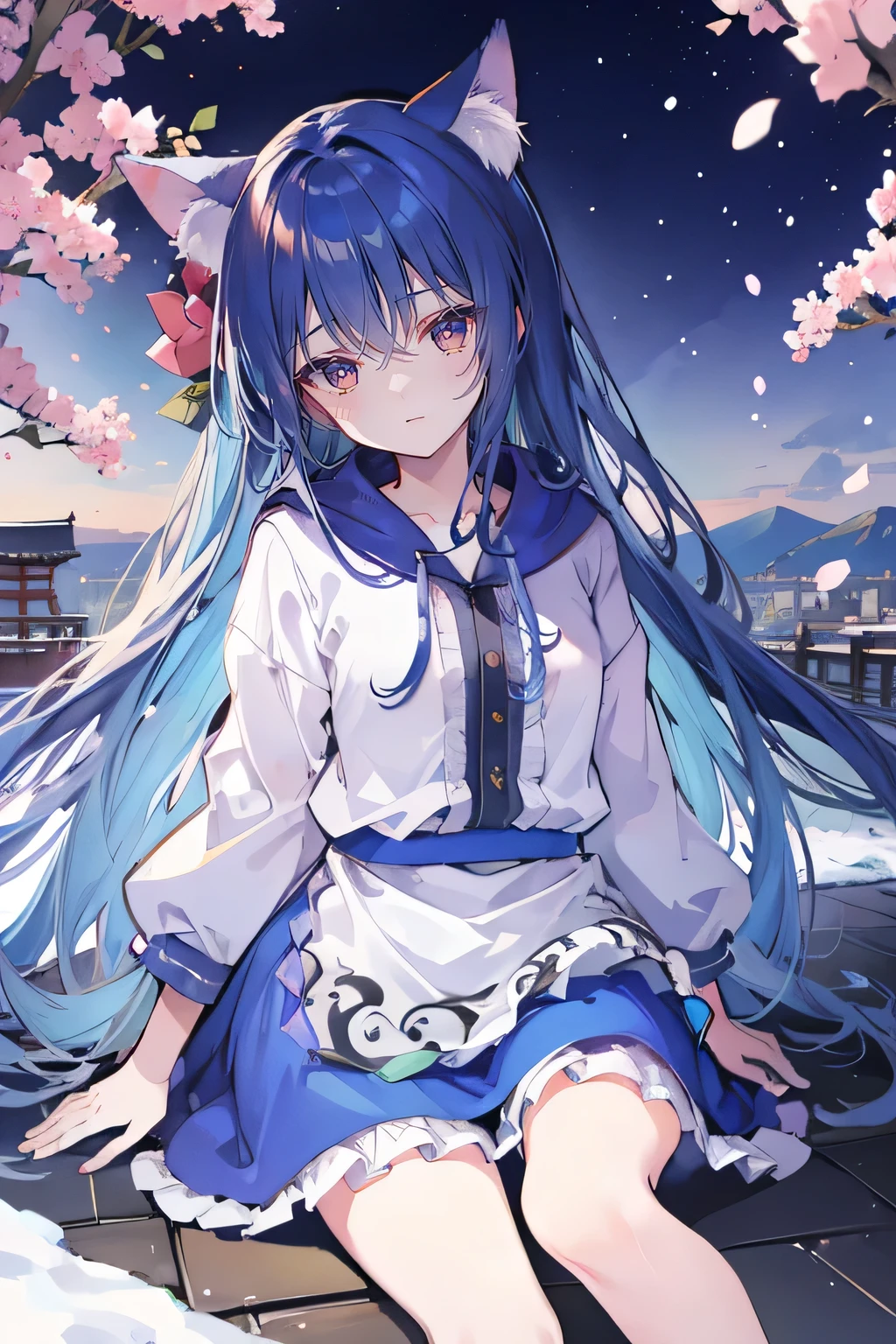 A masterpiece, super detailed, lifelike, expressive eyes, fair skin, perfect face shape, 1 girl, Japanese comics, gorgeous blue flowing hair, flowing clothes, cat ears, petals fall, beautiful loli, baby angel, crossed legs, gentle and peaceful background, the pavilion is cool and comfortable, smiling, wearing a hoodie, background of Tokyo, back views, snowing, winter