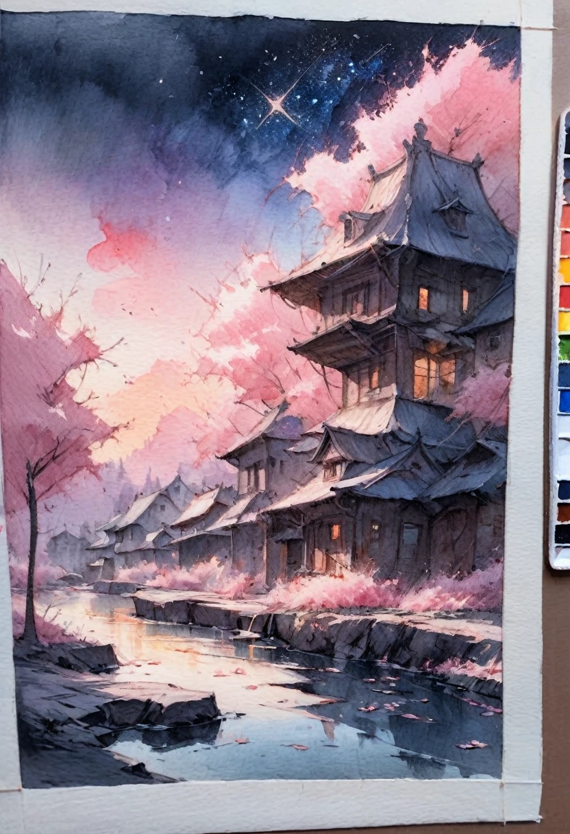 Watercolor Landscape, A beautiful cherry blossom garden underneath luminous sunset!! Beautiful sparkling flowers, starry sky, Andreas Lie, Quentin Blake, Alex Maleev, Pascal Campion, in Gouache Style, Watercolour, Impasto Gouache, thick layers of gouache watercolors textured on Canvas, Matte Painting, dramatic, dark, traditional media,watercolor \(medium\),pencil \(medium\),paper \(medium\),painting \(medium\)