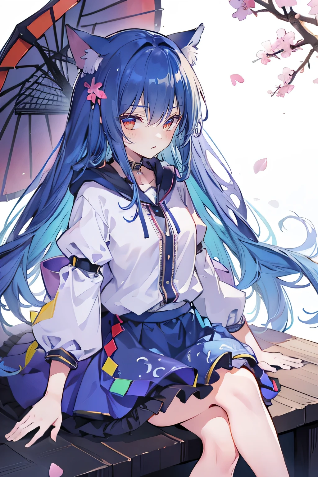 A masterpiece, super detailed, lifelike, expressive eyes, fair skin, perfect face shape, 1 girl, Japanese comics, gorgeous blue flowing hair, flowing clothes, cat ears, petals fall, beautiful loli, baby angel, crossed legs, gentle and peaceful background, the pavilion is cool and comfortable, smiling, wearing a hoodie, background of Tokyo, back views, snowing, winter