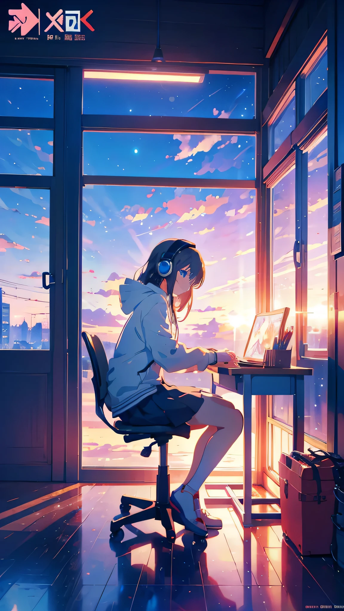 Anime girl sitting at a desk with headphones on and writing, Anime Style 4 k, Digital anime illustration, Digital anime art, Anime Style. 8k, Anime Moe Art Style, anime art wallpaper 4k, anime art wallpaper 4k, Anime Style illustration, Smooth anime CG art, detailed Digital anime art, Anime Art Wallpapers 8K, Realistic Anime 3D Style