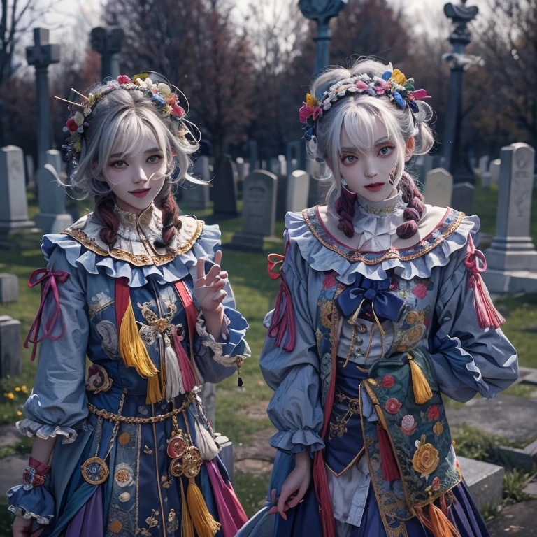 Standing in the grave、Hair flow、 ((highest quality、masterpiece、8k、Best image quality、Ultra-high resolution、Award-winning works)、(Accurate anatomy:1.1)、(Look at me and smile:1.1)、Shining fair skin with Ultra-high resolution、The most detailed face、Ultra-high resolution detailed face、Ultra-high resolutionの髪の毛、(Ultra-high resolution eye:1.1)、Beautiful face drawn in every detail、Cheerful clown costume, Chest to chest, Strange atmosphere, Ghosts flow, Dark Light, At the Cemetery