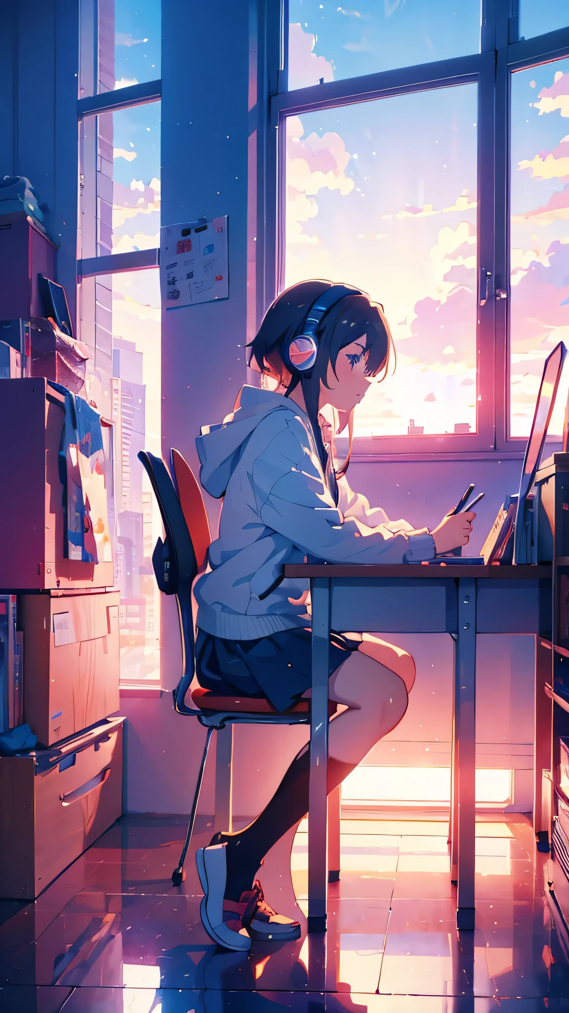 Anime girl sitting at a desk with headphones on and writing, Anime Style 4 k, Digital anime illustration, Digital anime art, Anime Style. 8k, Anime Moe Art Style, anime art wallpaper 4k, anime art wallpaper 4k, Anime Style illustration, Smooth anime CG art, detailed Digital anime art, Anime Art Wallpapers 8K, Realistic Anime 3D Style