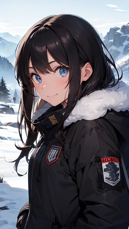 20-year-old woman, semi-long, Brown Hair, Blue Eyes, Fur jacket, Wear the hood deeply, Natural skin texture, Cold regions, High Contrast, Mountain dogs, nice smile, uniform, Mp5A5, Girls with firearms,Equipped with multiple magazine pouches, 